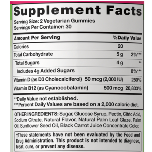 فيتامين د3 و فيتامين ب12 60 قطعة حلوي بالفراولة - ناتشرز تروث